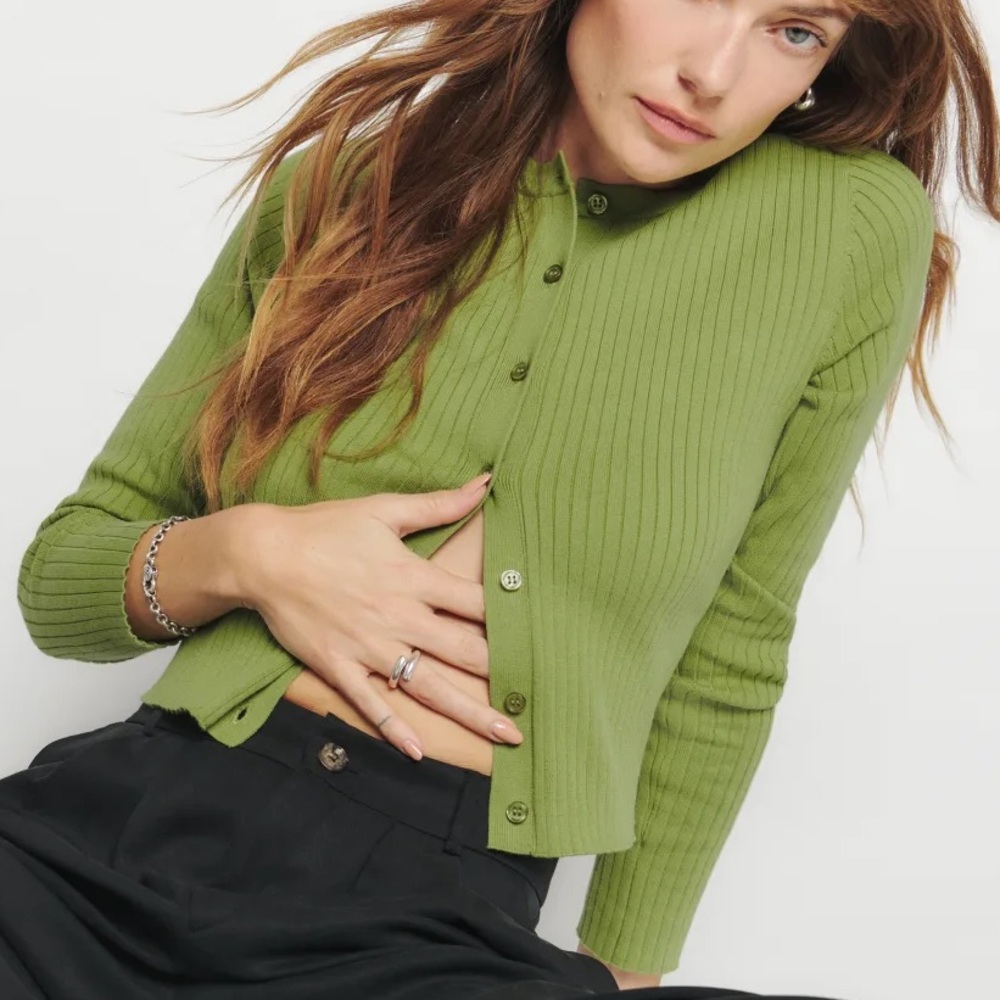Reformation Joanne Cotton Cardigan in “Avocado” Green (XS)